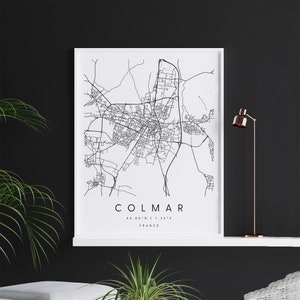 Colmar France, Carte d’art numérique, Affiche imprimée numérique, Carte de ville en noir et blanc, Unique, Carte cadeau, Carte contemporaine, Carte moderne