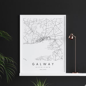 Galway Irland, Digital Art Map, Digitaldruck Poster, Schwarz-Weiß Stadt karte, Unikat, Geschenkkarte, Zeitgenössische Karte, Moderne Karte
