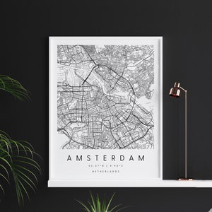 Amsterdã Holanda, mapa de arte digital, pôster de impressão digital, mapa da cidade em preto e branco, exclusivo, mapa para presentes, mapa contemporâneo, mapa moderno