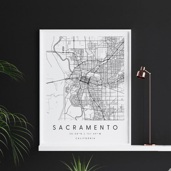 Sacramento California, Digital Art Map, Digital Print Poster, Black and White City Map, Unique, Gift Map, Contemporary Map, Modern Map