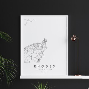 Rhodos Griechenland, Digitale Kunst Karte, Digitaldruck Poster, Schwarz-Weiß Stadt karte, Unikat, Geschenk karte, zeitgenössische Karte, Moderne Karte