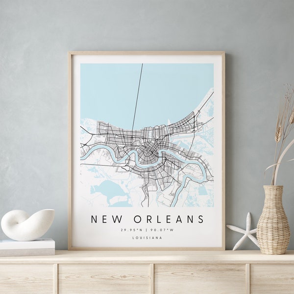 New Orleans Louisiana, Digital Art Map, Digital Print Poster, Blue and White City Map, Unique, Gift Map, Contemporary Map, Modern Map