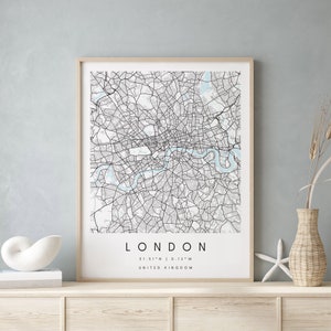 Londres Royaume-Uni, carte d'art numérique, affiche imprimée numérique, plan de la ville bleu et blanc, unique, carte cadeau, carte contemporaine, carte moderne