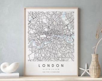 London United Kingdom, Digital Art Map, Digital Print Poster, Blue and White City Map, Unique, Gift Map, Contemporary Map, Modern Map