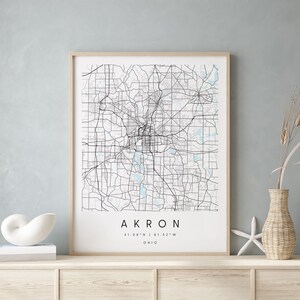 Akron Ohio, Digital Art Map, Digital Print Poster, Blue and White City Map, Unique, Gift Map, Contemporary Map, Modern Map
