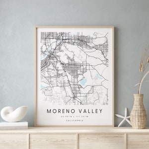 Moreno Valley Californië, Digitale Kunst kaart, Digitale Print Poster, Blauw en Wit Stadskaart, Unieke, Gift Map, Hedendaagse Kaart, Moderne Kaart