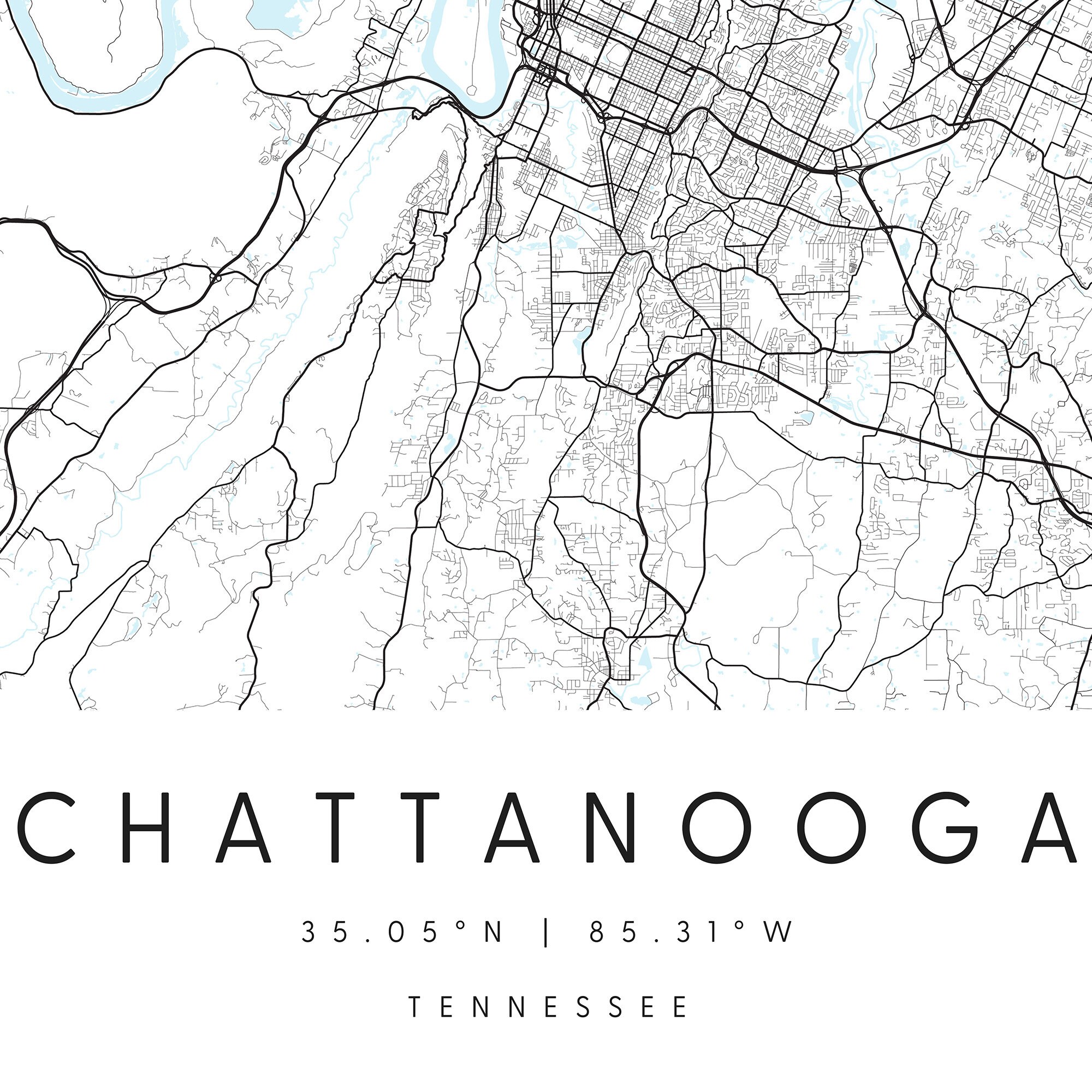 Chattanooga Tennessee, Digital Art Map, Digital Print Poster, Blue and ...