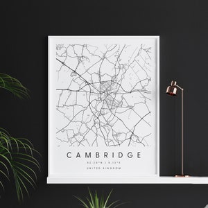 Cambridge United Kingdom, Digital Art Map, Digitaldruck Poster, Schwarz-Weiß Stadt karte, Unikat, Geschenkkarte, Zeitgenössische Karte, Moderne Karte