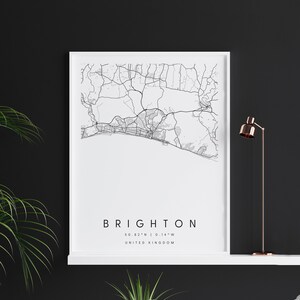 Brighton United Kingdom, Digital Art Map, Digitaldruck Poster, Schwarz-Weiß Stadt karte, Unikat, Geschenkkarte, Zeitgenössische Karte, Moderne Karte