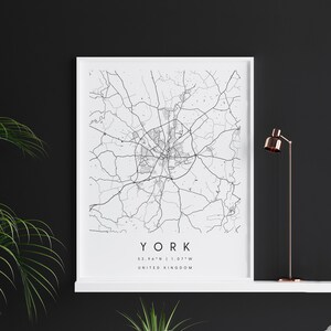 York United Kingdom, Digital Art Map, Digitaldruck Poster, Schwarz-Weiß Stadt karte, Unikat, Geschenkkarte, Zeitgenössische Karte, Moderne Karte