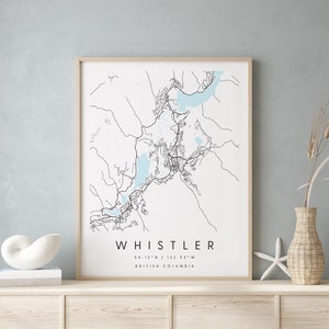 Whistler Colombie-Britannique, Carte d’art numérique, Affiche imprimée numérique, Carte de la ville bleue et blanche, Unique, Carte cadeau, Carte contemporaine, Carte moderne