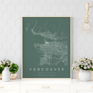 Vancouver Colombie-Britannique, Carte d’art numérique, Affiche numérique, Carte de la ville verte et blanche, Unique, Carte cadeau, Carte contemporaine, Carte moderne