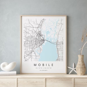Mobile Alabama, Digitale Kunst Karte, Digitaldruck Poster, Blau-Weiß Stadt karte, Unikat, Geschenk karte, zeitgenössische Karte, Moderne Karte