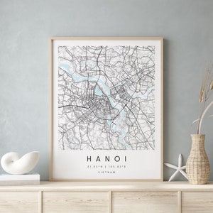 Hanoi Vietnam, Digitale Kunst Karte, Digitaldruck Poster, Blau und Weiß Stadt karte, Unikat, Geschenk karte, zeitgenössische Karte, Moderne Karte