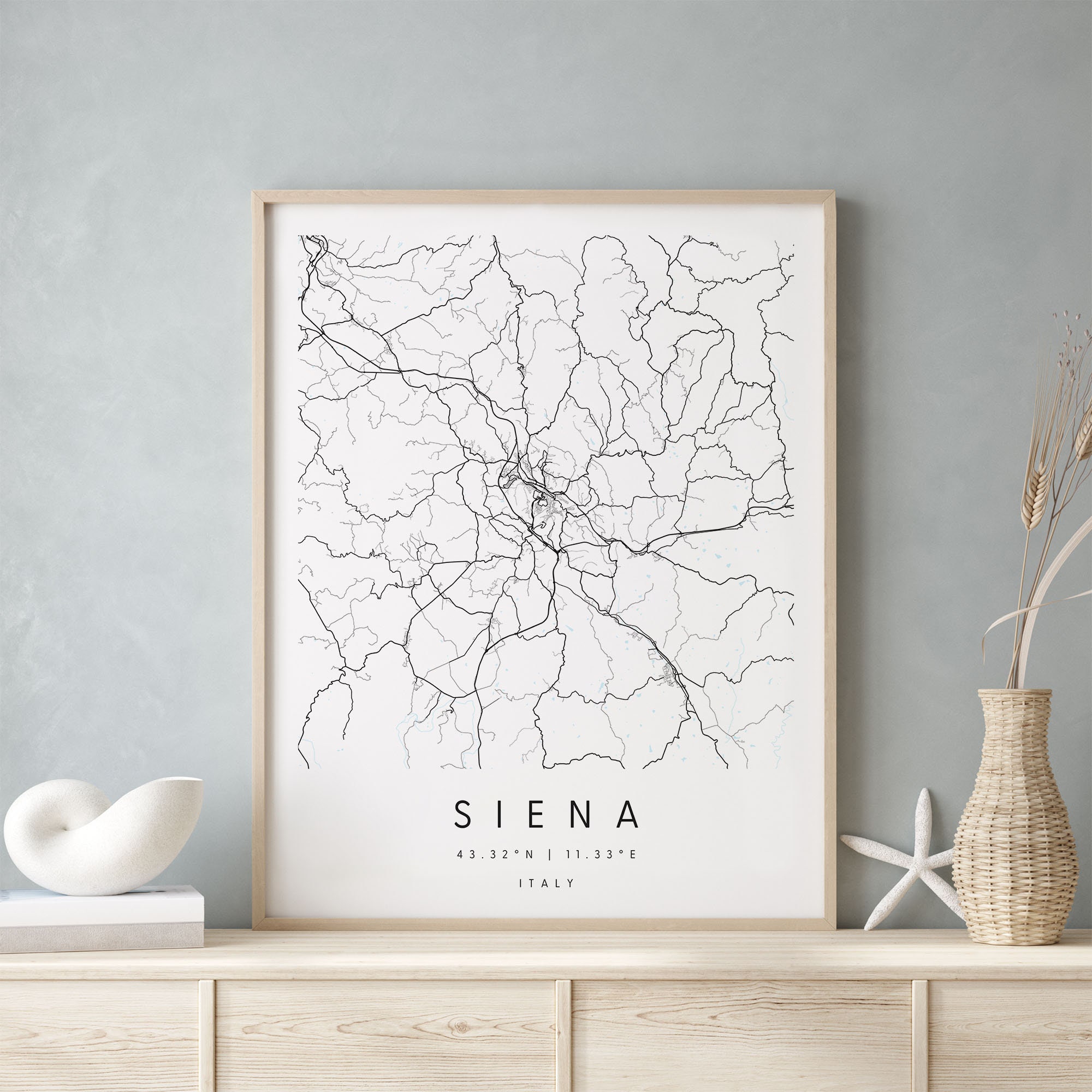 Siena Italy, Digital Art Map, Digital Print Poster, Blue and White City Map, Unique, Gift Map, Contemporary Map, Modern Map
