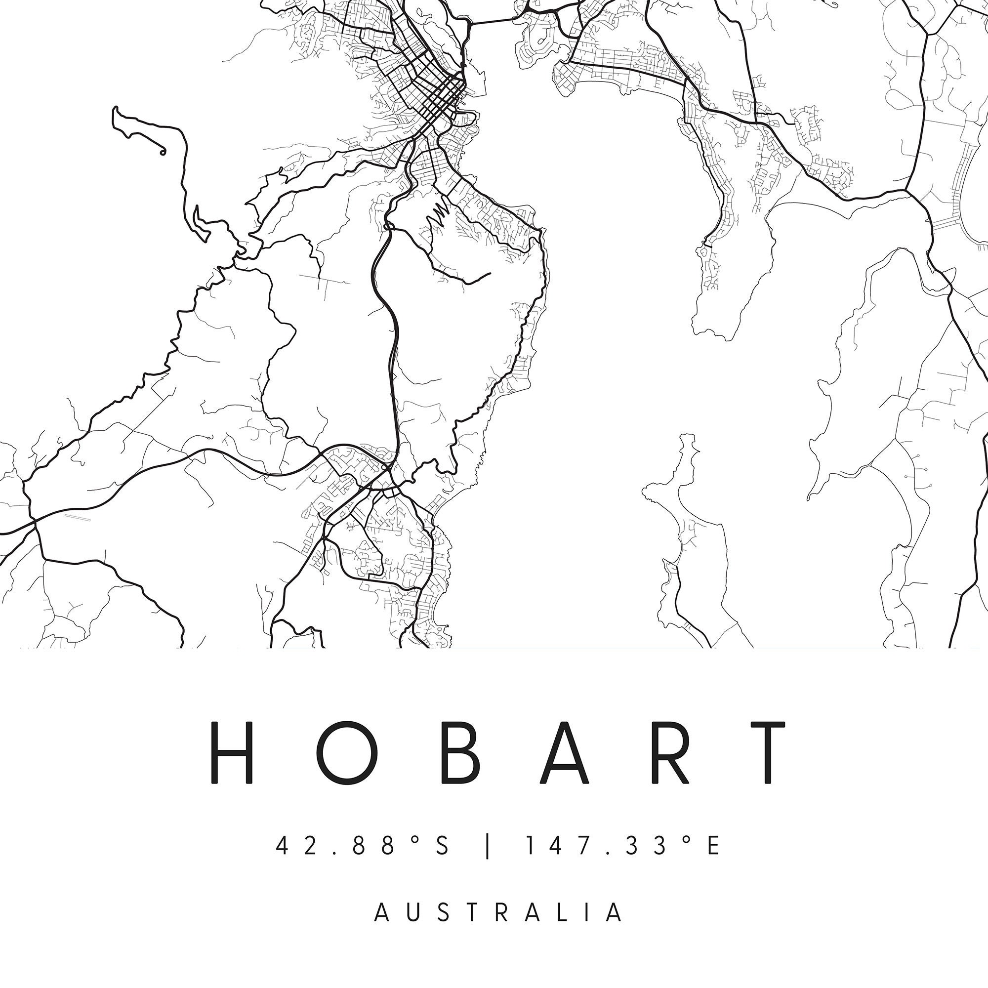 Hobart Australia, Digital Art Map, Digital Print Poster, Black and
