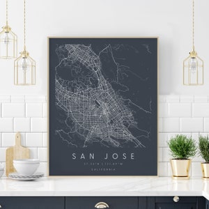 San Jose Kalifornien, Digitale Kunst Karte, Digitaler Druck Poster, Neutrale Marine und Weiße Stadt Karte, Unikat, Geschenk Karte, zeitgenössische Karte, moderne Karte