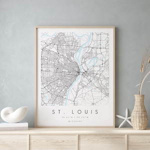 St. Louis Missouri, Digitale Kunst Karte, Digitaldruck Poster, Blau weiß Stadt karte, Unikat, Geschenk karte, zeitgenössische Karte, Moderne Karte