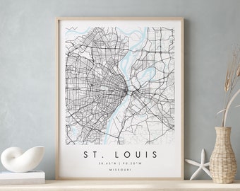 St. Louis Missouri, Digital Art Map, Digital Print Poster, Blue and White City Map, Unique, Gift Map, Contemporary Map, Modern Map