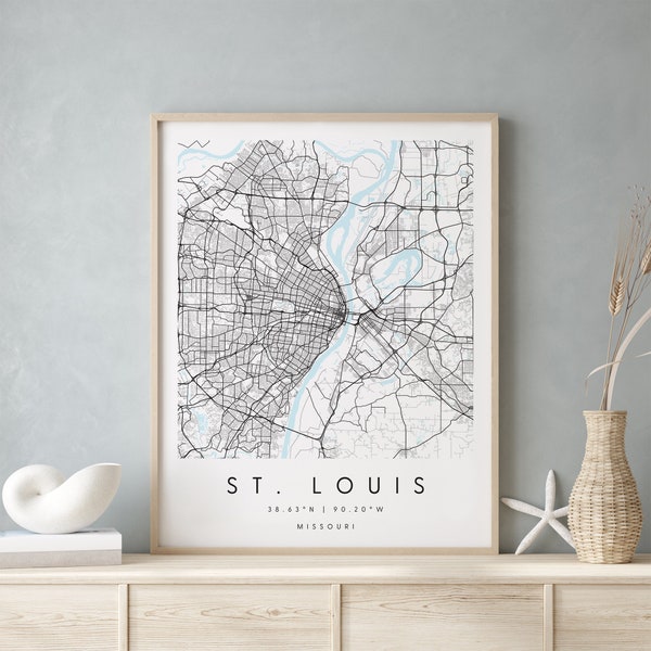 St. Louis Missouri, Digital Art Map, Digital Print Poster, Blue and White City Map, Unique, Gift Map, Contemporary Map, Modern Map