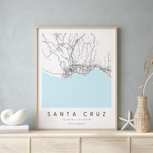Santa Cruz, Digital Art Map, Digital Print Poster, Blue and White City Map, Unique, Gift Map, Contemporary Map, Modern Map