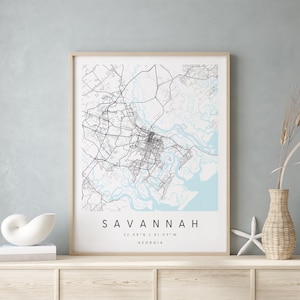 Savannah Georgia, Digitale Kunst Karte, Digitaldruck Poster, Blau weiß Stadt karte, Unikat, Geschenk karte, zeitgenössische Karte, Moderne Karte