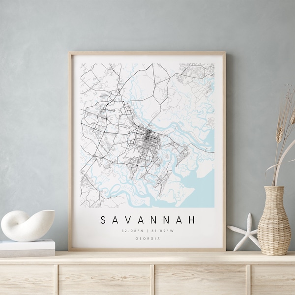 Savannah Georgia, Digital Art Map, Digital Print Poster, Blue and White City Map, Unique, Gift Map, Contemporary Map, Modern Map