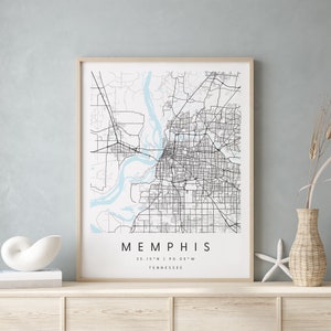 Memphis Tennessee, Digital Art Map, Digitaldruck Poster, Blau-Weiß Stadt karte, Unikat, Geschenk karte, zeitgenössische Karte, Moderne Karte