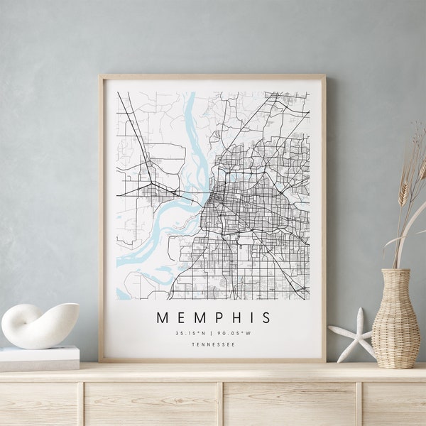 Memphis Tennessee, Digital Art Map, Digital Print Poster, Blue and White City Map, Unique, Gift Map, Contemporary Map, Modern Map