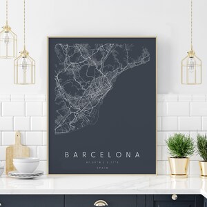 Barcelone Espagne, Carte d’art numérique, Affiche numérique, Carte de la ville neutre marine et blanche, Unique, Carte cadeau, Carte contemporaine, Carte moderne