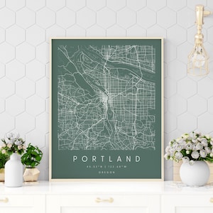 Portland Oregon, Digitale Kunst Karte, Digitaler Druck Poster, Grün und Weiß Stadtplan, Unikat, Geschenk Karte, zeitgenössische Karte, moderne Karte