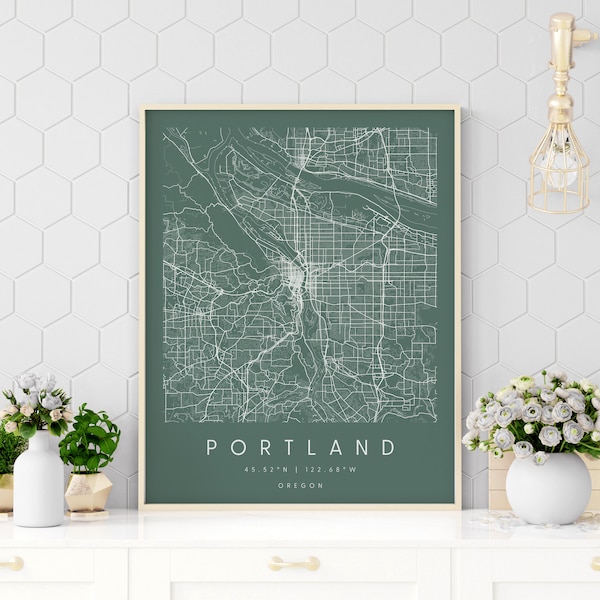 Portland Oregon, Digital Art Map, Digital Print Poster, Green and White City Map, Unique, Gift Map, Contemporary Map, Modern Map