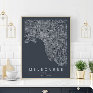 Melbourne Australien, Digitale Kunst Karte, Digitaldruck Poster, Neutrale Marine und Weiße Stadtplan, Unikat, Geschenk, zeitgenössische Karte, moderne Karte 2