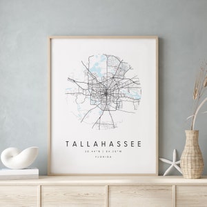 Tallahassee, Floryda, cyfrowa mapa artystyczna, plakat cyfrowy, niebiesko-biała mapa miasta, unikatowa, mapa na prezent, współczesna mapa 2