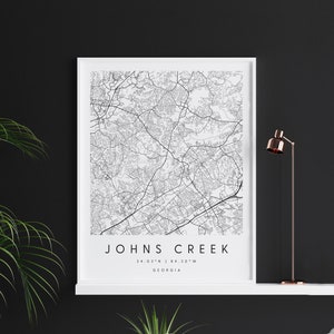 Johns Creek Georgia, Digital Art Map, Digitaldruck Poster, Schwarz-Weiß Stadtplan, Unikat, Geschenkkarte, Zeitgenössische Karte, Moderne Karte