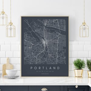 Portland Oregon, Digitale Kunst Karte, Digitaler Druck Poster, Neutrale Marine und Weiße Stadt Karte, Unikat, Geschenk Karte, zeitgenössische Karte, moderne Karte