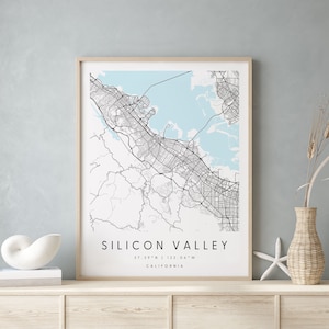 Silicon Valley Californië, Digitale Kunst Kaart, Digital Print Poster, Blauw en Wit Stadskaart, Uniek, Gift Map, Hedendaagse Kaart, Moderne Kaart