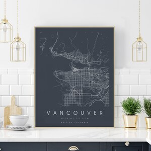Vancouver British Columbia, Digitale Kunst Karte, Digitaldruck Poster, Neutral Navy and White City Map, Unikat, Geschenk, Zeitgenössische Karte, Modern