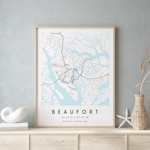 Beaufort South Carolina, Digitale Kunst Karte, Digitaldruck Poster, Blau weiß Stadt karte, Unikat, Geschenk karte, zeitgenössische Karte, Moderne Karte