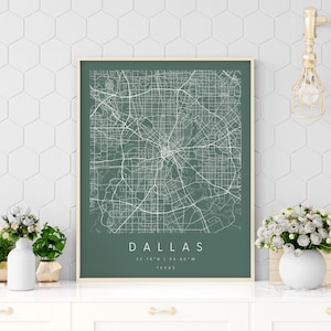 Dallas Texas, Digitale Kunst Karte, Digitaldruck Poster, Grün und Weiß Stadtplan, Unikat, GeschenkKarte, zeitgenössische Karte, moderne Karte