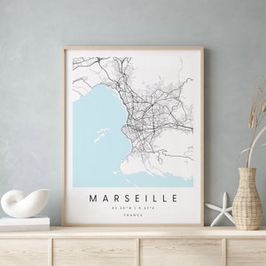 Marseille Frankreich, Digitale Kunst Karte, Digitaldruck Poster, Blau und Weiß Stadt karte, Unikat, Geschenk karte, zeitgenössische Karte, Moderne Karte