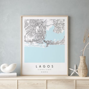 Lagos Nigeria, Printable City Map, Blue & White Wall Art, Modern Map Print, Travel Gift, Home Decor, Minimalist Poster