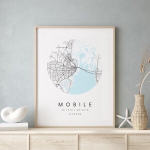 Mobile Alabama, Digitale Kunst Karte, Digitaldruck Poster, Blau weiß Stadt karte, Unikat, Geschenk karte, zeitgenössische Karte, Moderne Karte 2