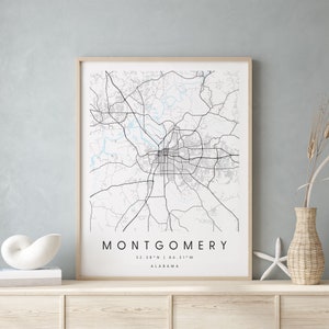 Montgomery Alabama, Digitale Kunst Karte, Digitaldruck Poster, Blau weiß Stadt karte, Unikat, Geschenk karte, zeitgenössische Karte, Moderne Karte