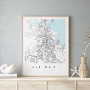 Brisbane Australie, Carte d’art numérique, Affiche imprimée numérique, Carte de la ville bleue et blanche, Unique, Carte cadeau, Carte contemporaine, Carte moderne