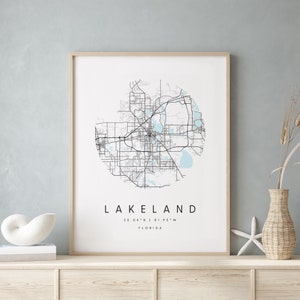 Lakeland Florida, Digital Art Map, Digital Print Poster, Blue and White City Map, Unique, Gift, Contemporary Map, Modern Map 1