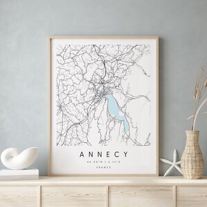 Annecy France, Carte d’art numérique, Affiche imprimée numérique, Carte de la ville bleue et blanche, Unique, Carte cadeau, Carte contemporaine, Carte moderne