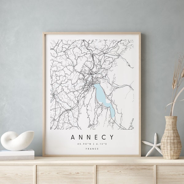 Annecy France, Carte d’art numérique, Affiche imprimée numérique, Carte de la ville bleue et blanche, Unique, Carte cadeau, Carte contemporaine, Carte moderne