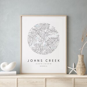 Johns Creek Georgia, Digital Art Map, Digitaldruck Poster, Blau-Weiß Stadtplan, Unikat, Geschenkkarte, Zeitgenössische Karte, Moderne Karte 2
