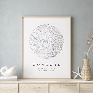 Concord Massachusetts, Printable City Map, Blue & White Wall Art, Modern Map Print, Travel Gift, Home Decor, Minimalist Poster 1